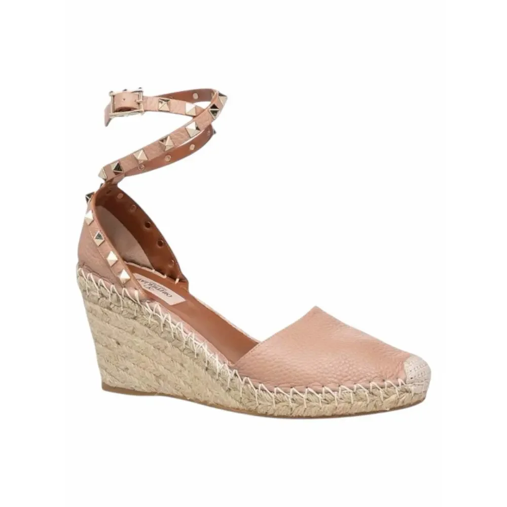 Valentino Garavani Rockstud Double Leather Wedge Espadrille Pink Size 39